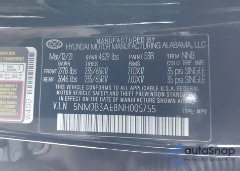 2022 Hyundai Tucson Sel z USA, uszkodzony, nr VIN 5NMJB3AE8NH005755